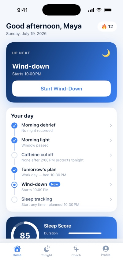 Rest home screen showing tonight's wind-down and the day's checklist