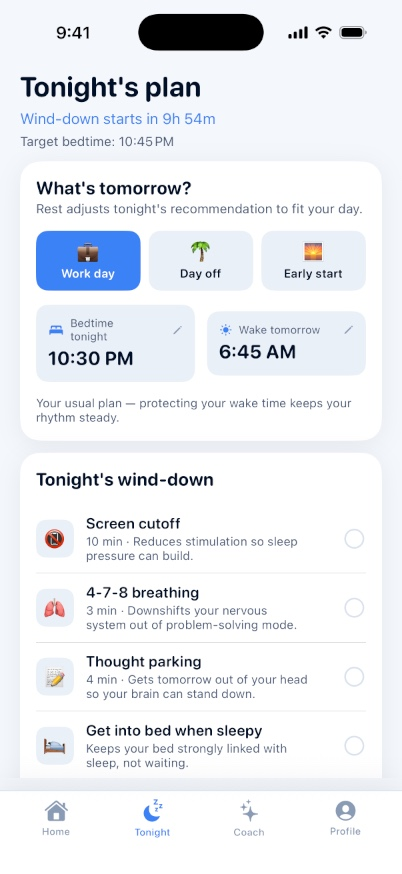 Tonight's plan screen with bedtime, wake time and wind-down steps