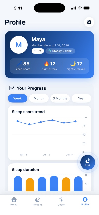 Profile screen with sleep score trend and duration charts