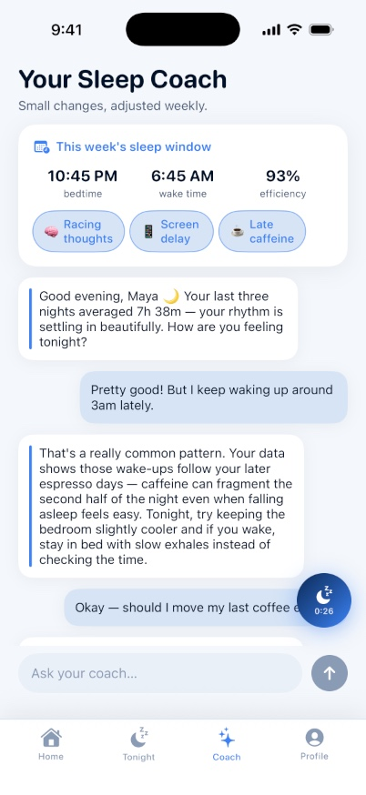 Sleep coach chat explaining a 3am wake pattern