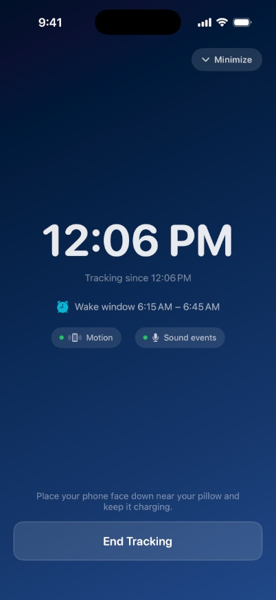 Sleep tracking screen with motion and sound event indicators