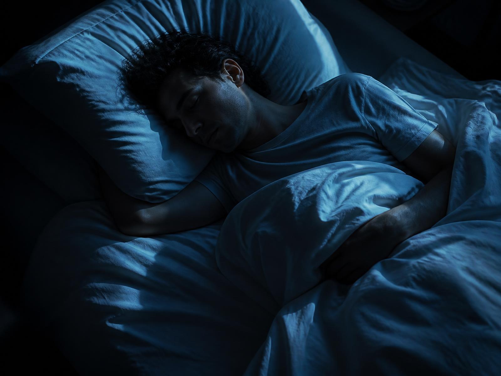 A person sleeping peacefully in blue moonlight